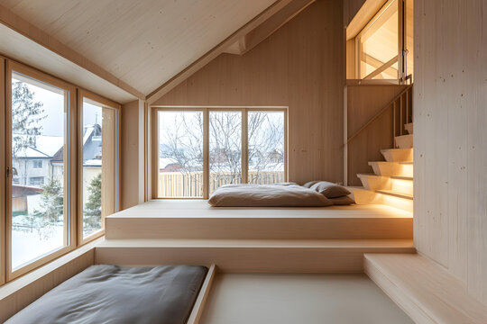 現(xiàn)代木質(zhì)小屋內(nèi)景，平臺(tái)床和大型窗戶(hù)