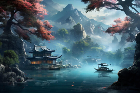 湖邊東方小屋美麗的山水風(fēng)景和櫻花樹