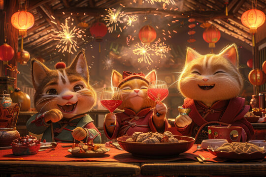 三只貓慶祝中國新年