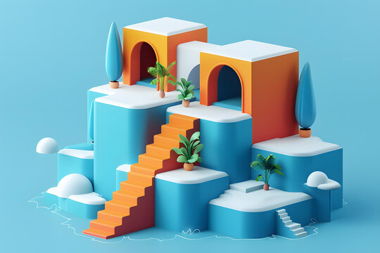 藍(lán)橙幾何景觀的3D插圖，帶樓梯、植物和拱門