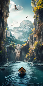 山間河流上的小船