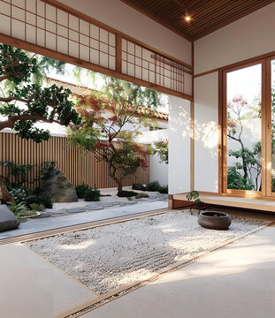 日式禪意庭院室內(nèi)設(shè)計(jì)，木石元素營造寧靜氛圍
