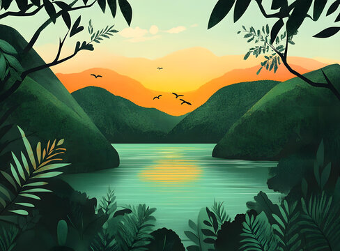 夕陽(yáng)下綠色山巒的風(fēng)景