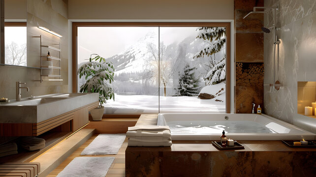 在雪景環(huán)繞的浴室里泡澡