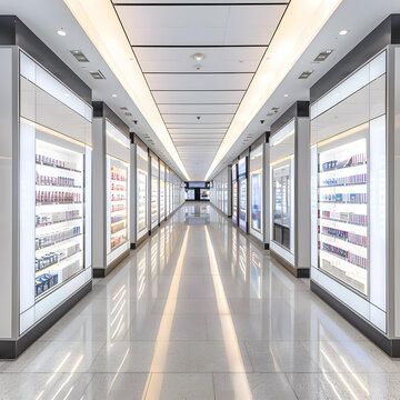 空曠的商店走廊，玻璃展示柜