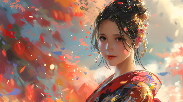 |和服|少女|飄花|唯美|二次元