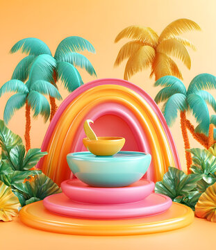 3D渲染的熱帶夏季背景，棕櫚樹，彩虹拱門，油燈和平臺