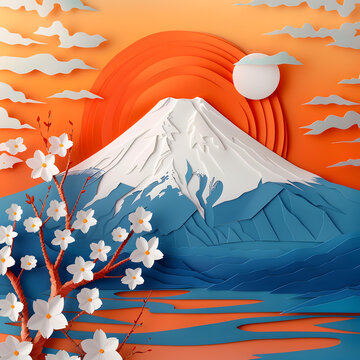 紙藝富士山日出風(fēng)景