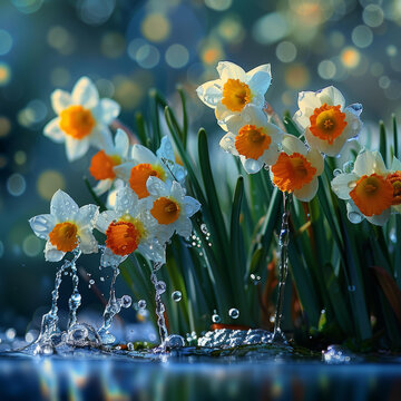 水仙花在雨中綻放