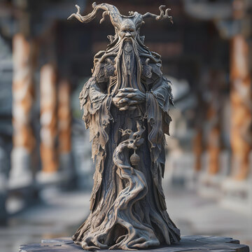 一個具有復(fù)雜細(xì)節(jié)和模糊背景的樹精木雕像