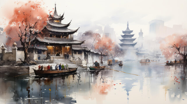 一幅描繪了江南水鄉(xiāng)的中國(guó)畫(huà)畫(huà)中有人在船上