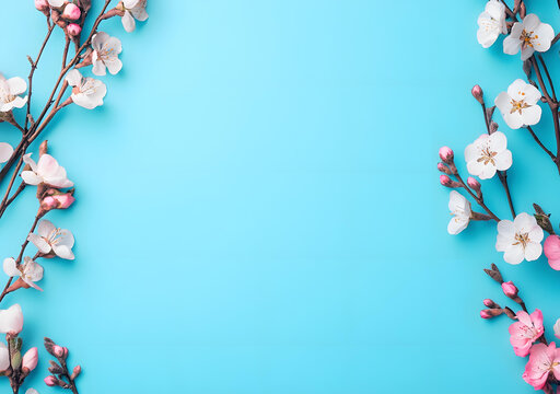 藍(lán)色背景上的春天花朵枝條