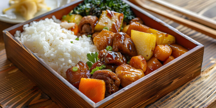 日式便當(dāng)盒，有雞肉照燒、米飯和蔬菜