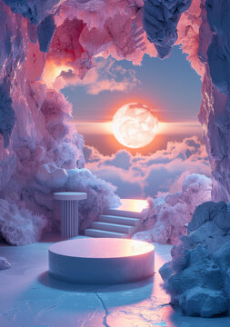 3D渲染夕陽月亮背景下的展示臺