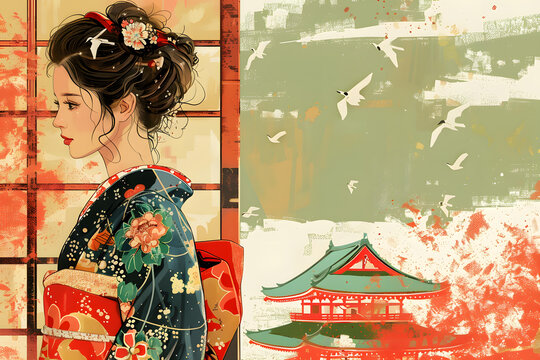 身穿和服的日本女子站在寺廟前的插圖