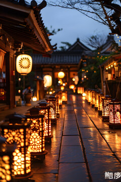 黃昏時(shí)分在京都嵐山點(diǎn)亮了石板路上的紙燈籠