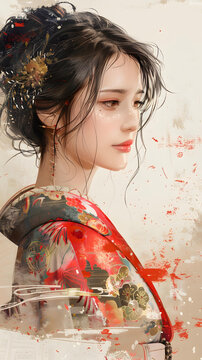 一個身穿和服的美麗日本女人的插圖，背景為紅色