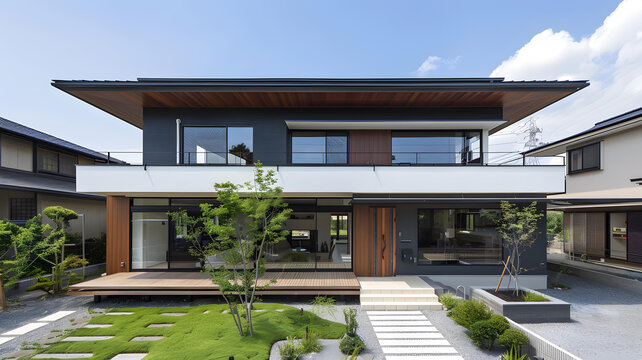 日式現(xiàn)代風格住宅外觀設計，木質(zhì)露臺和碎石花園