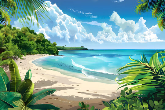 熱帶海灘風景畫，郁郁蔥蔥的綠植和碧藍的海水