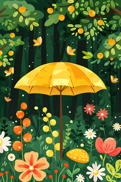 花叢中的黃色雨傘