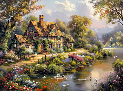 湖邊小屋的AI圖片