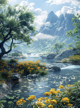 在山谷中有黃色花朵和綠色樹木的山河