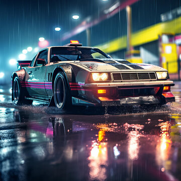 復(fù)古未來(lái)風(fēng)汽車在夜晚雨中的城市街道疾馳