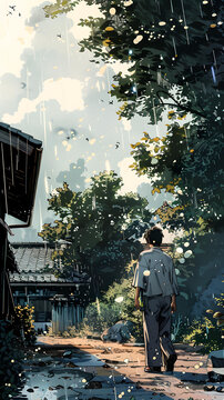 一個(gè)人在雨中行走的插圖