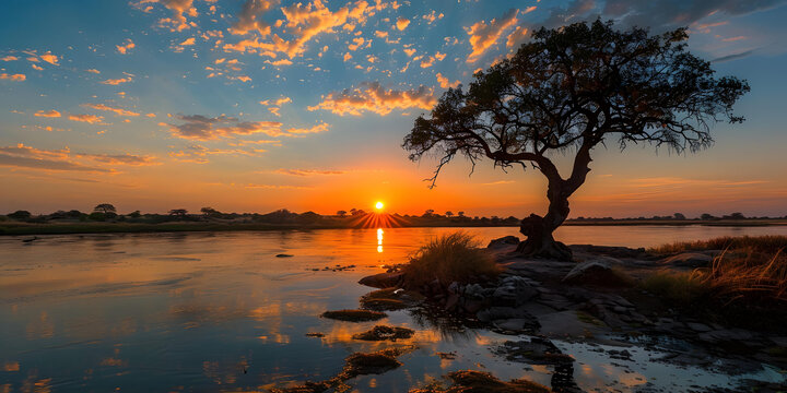 夕陽(yáng)西下，樹影婆娑，河流靜靜流淌