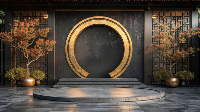 渲染的中國(guó)傳統(tǒng)庭院圓形舞臺(tái)金色圓環(huán)背景