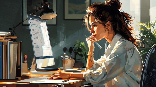 在家辦公的女人，電腦桌上擺著臺(tái)燈