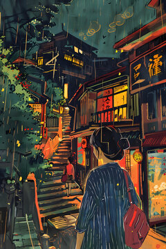 雨夜里的亞洲城市小巷