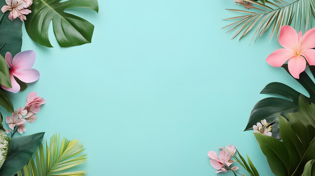 藍(lán)色背景上熱帶花卉和樹(shù)葉的排列