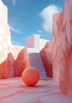 粉色藍(lán)色抽象簡約樓梯球體3D場景