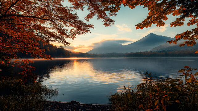 秋日山間湖泊的景色
