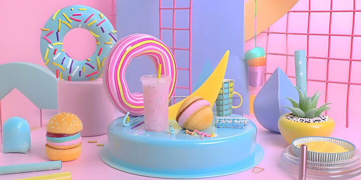 粉彩色的甜甜圈和奶昔的3D背景