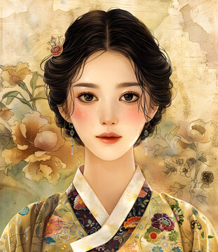 身穿韓國傳統(tǒng)服飾的年輕女子肖像，韓服