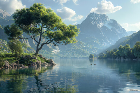 雪山映照湖泊，孤樹靜立