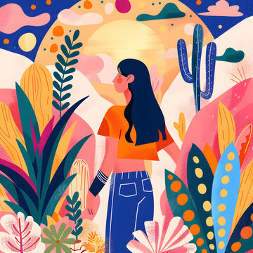 女孩在仙人掌花園里
