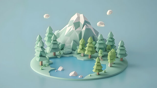 低多邊形紙藝自然景觀，山脈，樹木和湖泊