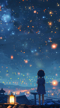 夜晚城市星空下的少女
