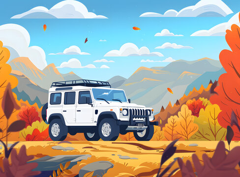 秋季山區(qū)越野車風景
