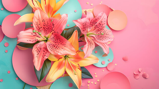 粉色和黃色百合花與紙質(zhì)圓形背景