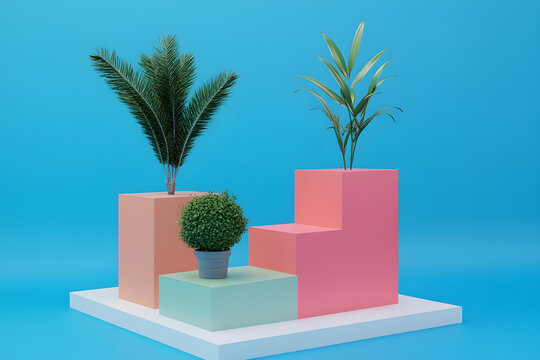 簡約3D渲染場景 綠色植物和彩色平臺