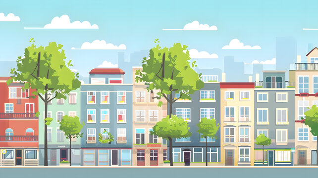 彩色城市街景建筑樹木