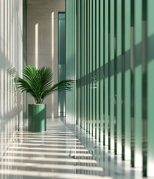 簡約綠色棕櫚植物在現(xiàn)代建筑走廊