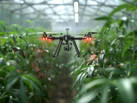 無人機(jī)在郁郁蔥蔥的農(nóng)作物上空飛翔