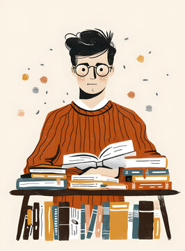 堆滿書的男人正在閱讀