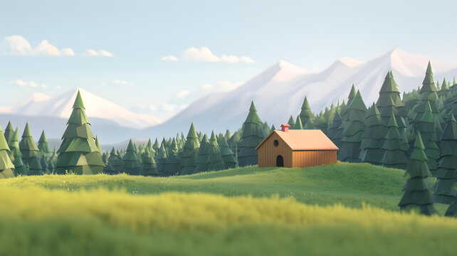 低多邊形森林中的小屋