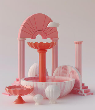 粉紅色和白色3D渲染的噴泉與圓柱
